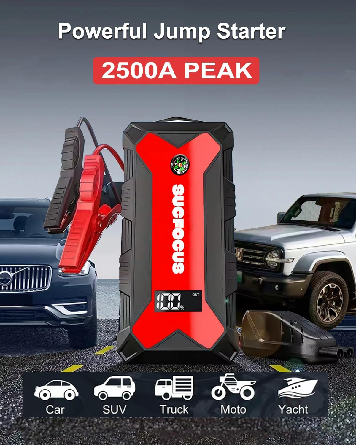 Jump Starter, 2500A Battery Jumper Starter Portable (For 8.0L Gas or 6.5L Diesel Engine), Car Battery Jump Starter, Jump Box, Jump Start Battery Pack with Jumper Cables, LED Light, USB QC3.0 (Red)