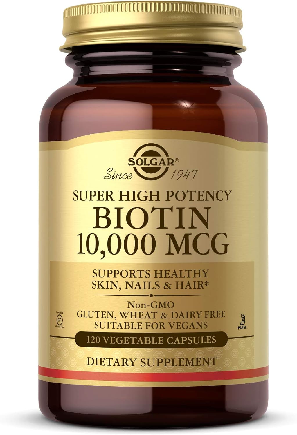 Solgar Biotin 10,000 Mcg, 120 Vegetable Capsules - Energy, Metabolism, Promotes Healthy Skin, Nails & Hair - Super High Potency - Non-Gmo, Vegan, Gluten, Dairy Free, Kosher - 120 Servings