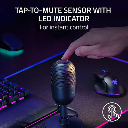 Razer Seiren V3 Mini USB Microphone: Condenser Mic - Supercardioid Pickup Pattern - Tap-To-Mute Sensor with LED Indicator - Shock Absorber - Ultra Compact - PC, Discord, OBS Studio, Xsplit - Black