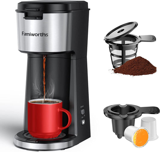 Famiworths Single Serve Coffee Maker for K Cup & Ground Coffee, with Bold Brew, One Cup Coffee Maker, 6 to 14 Oz. Brew Sizes, Fits Travel Mug, Classic Black