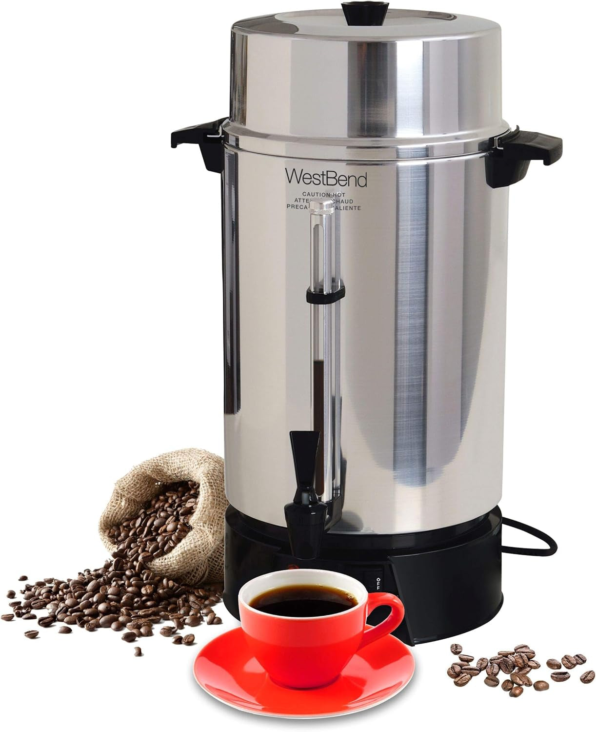 West Bend 33600 Coffee Urn Commercial Highly-Polished Aluminum NSF Approved Features Automatic Temperature Control Large Capacity with Fast Brewing and Easy Clean Up, 100-Cup, Silver