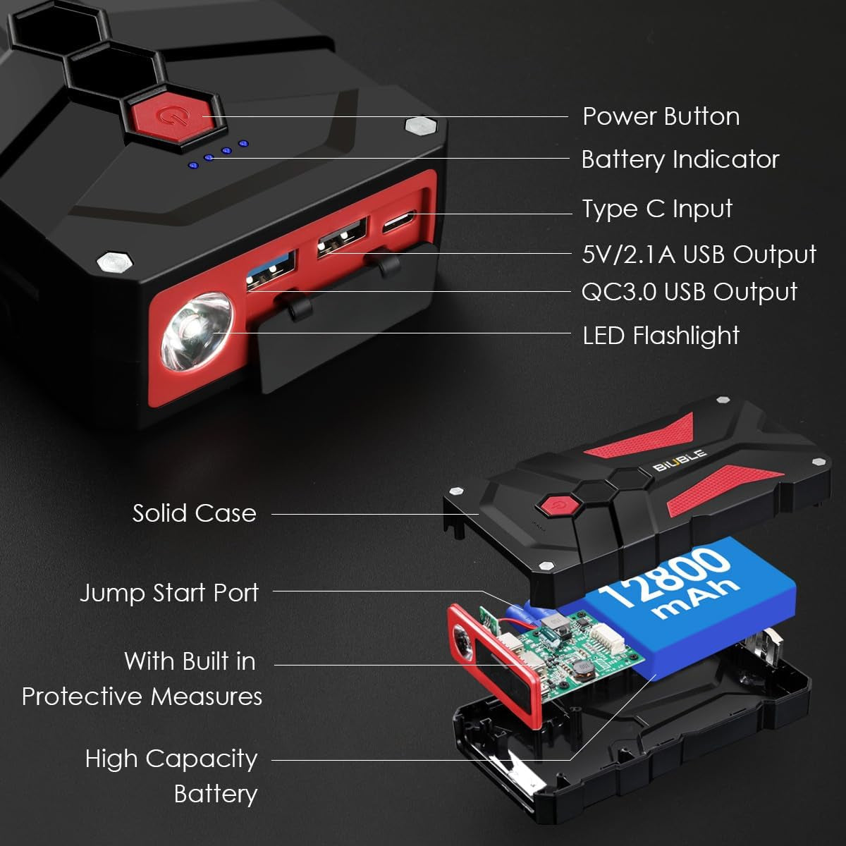 BIUBLE Jump Starter Car Jump Starter Auto Battery Booster Pack 4000A Peak 12V with USB Quick Charge 3.0,Lithium Jump Box with LED Light(Up to 7.0L Gas or 5.5L Diesel Engine)