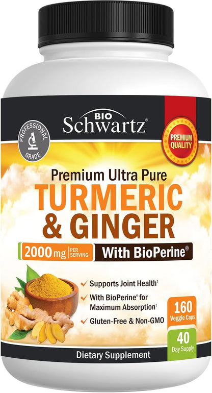 Turmeric and Ginger Supplement with Bioperine - 2000Mg High Absorption, 95% Curcuminoids - Non-Gmo, Gluten-Free Turmeric Supplement for Joint and Immune Support - 160 Capsules