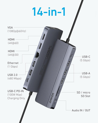 Anker Laptop Docking Station, 14 in 1 USB C Hub, Triple Display with 2 X 4K HDMI, 1080P VGA, 100W Power Delivery, 5Gbps USB-A/C Data Ports for Macbook, Dell XPS and More