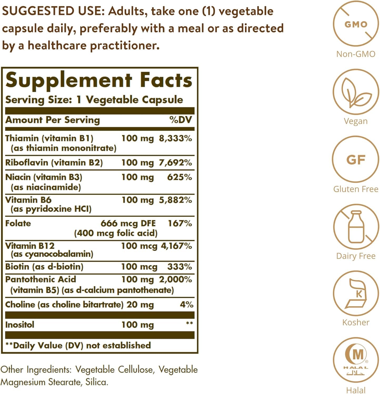 Solgar B-Complex "100", 100 Vegetable Capsules - Heart Health - Nervous System Support - Supports Energy Metabolism - Non GMO, Vegan, Gluten/ Dairy Free, Kosher, Halal - 100 Servings