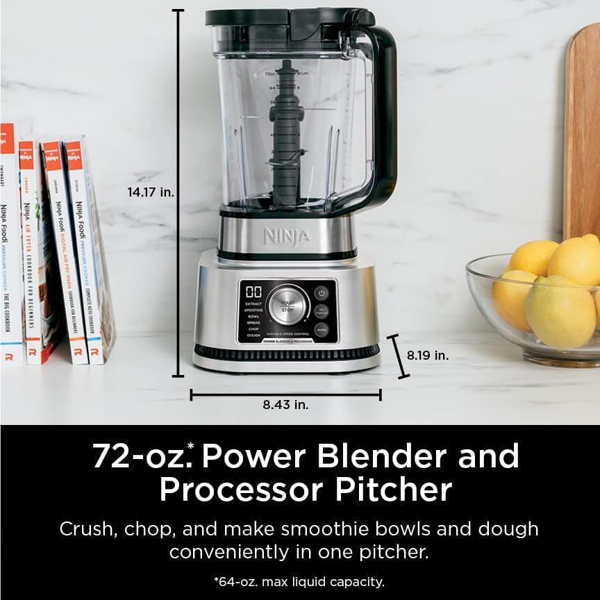 Ninja SS351 Foodi Power Blender & Processor System 1400 WP Smoothie Bowl Maker & Nutrient Extractor* 6 Functions for Bowls, Spreads, Dough & More, Smarttorque, 72-Oz.** Pitcher & To-Go Cups, Silver