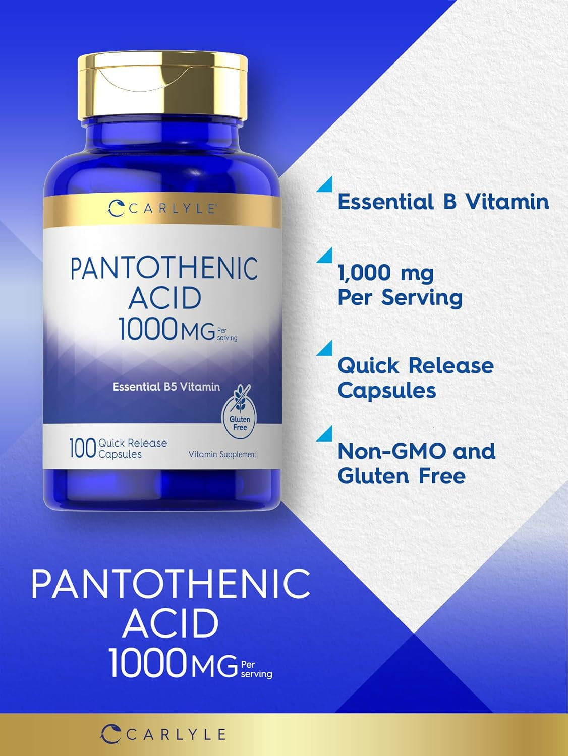 Carlyle Pantothenic Acid | 1000Mg | 100 Capsules | Essential B5 Vitamin | Non-Gmo, Gluten Free Supplement