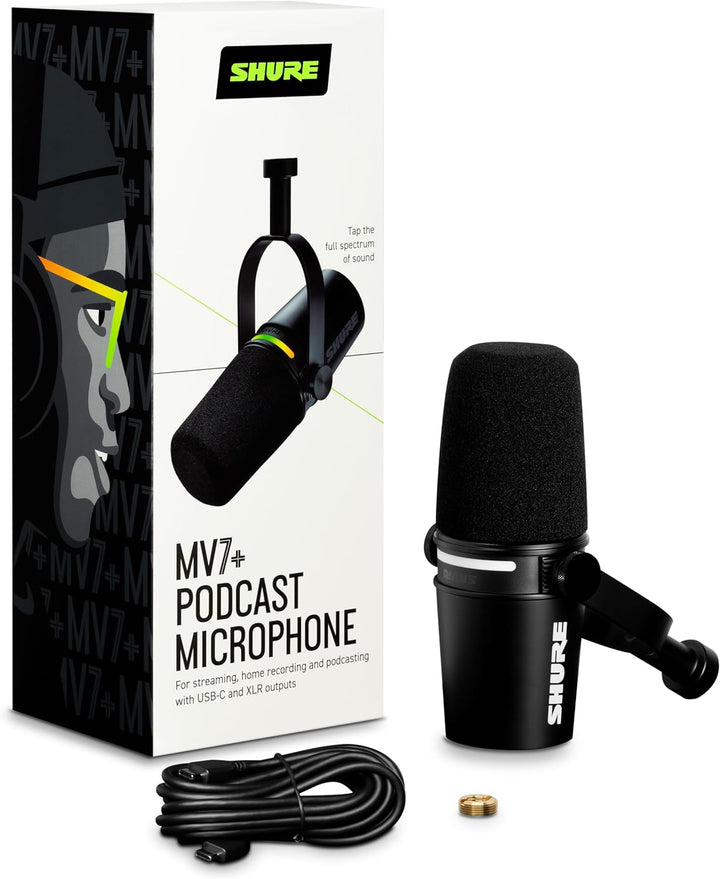 Shure MV7+ Podcast Dynamic Microphone. OBS Certified, Enhanced Audio, LED Touch Panel, USB-C & XLR Outputs, Auto Level Mode, Digital Pop Filter, Reverb Effects, Podcasting, Streaming, Recording -Black