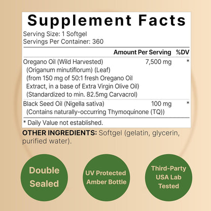 Naturebell Oregano Oil 7,500Mg with Black Seed Oil, 360 Softgels | 360-Day Supply Essential Oils for Immune Health | Retains High Concentrated Carvacrol & Thymoquinone – Non-Gmo