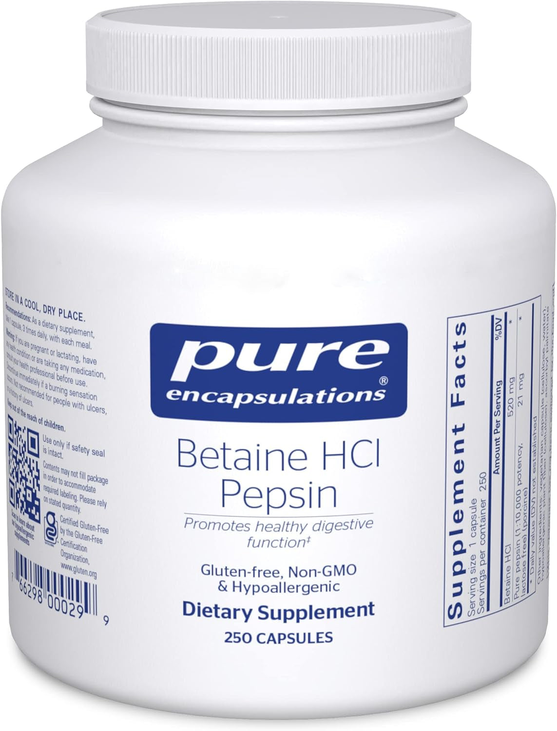 Pure Encapsulations Betaine Hcl Pepsin - Digestive Enzymes Supplement for Digestion Aid & Support, Stomach Acid & Nutrient Absorption* - with Betaine Hcl Pepsin - 250 Capsules