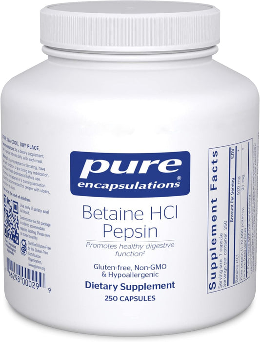 Pure Encapsulations Betaine Hcl Pepsin - Digestive Enzymes Supplement for Digestion Aid & Support, Stomach Acid & Nutrient Absorption* - with Betaine Hcl Pepsin - 250 Capsules