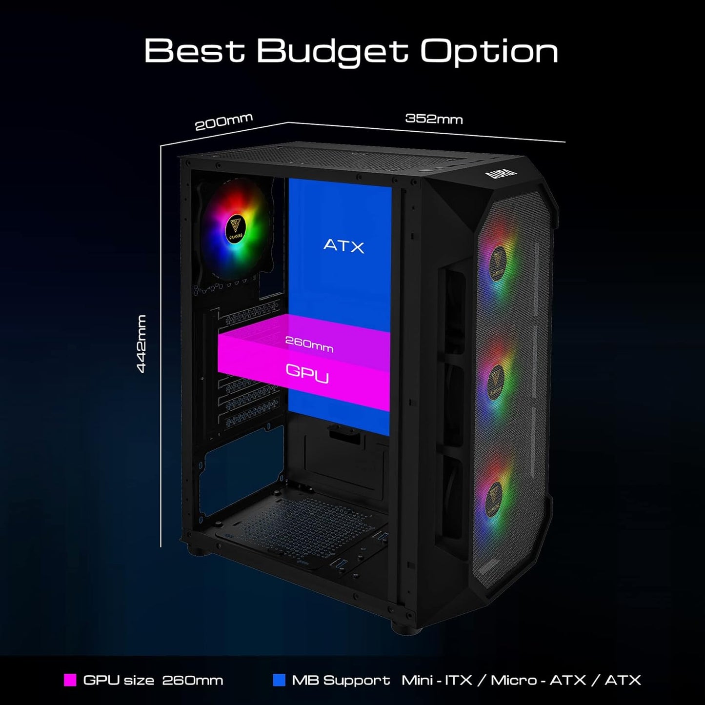 GAMDIAS ATX Mid Tower Gaming Computer PC Case with Side Tempered Glass, 4X 120Mm ARGB Case Fans and Sync with 5V RGB Motherboard