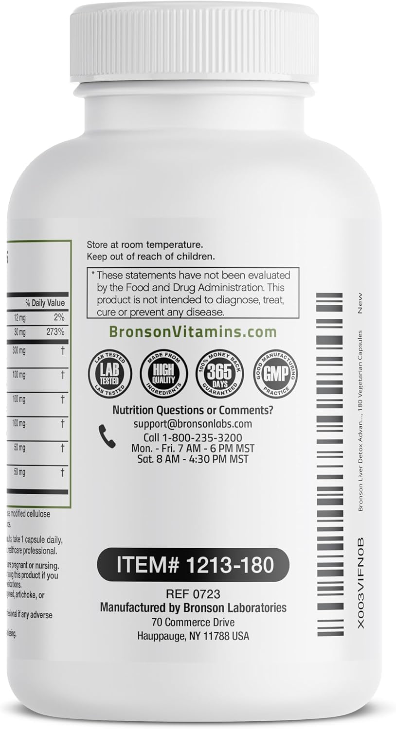 Bronson Liver Detox Advanced Detox & Cleansing Formula Supports Health Liver Function with Milk Thistle, Dandelion Root, Turmeric, Artichoke Leaf & More, Non-Gmo, 180 Vegetarian Capsules