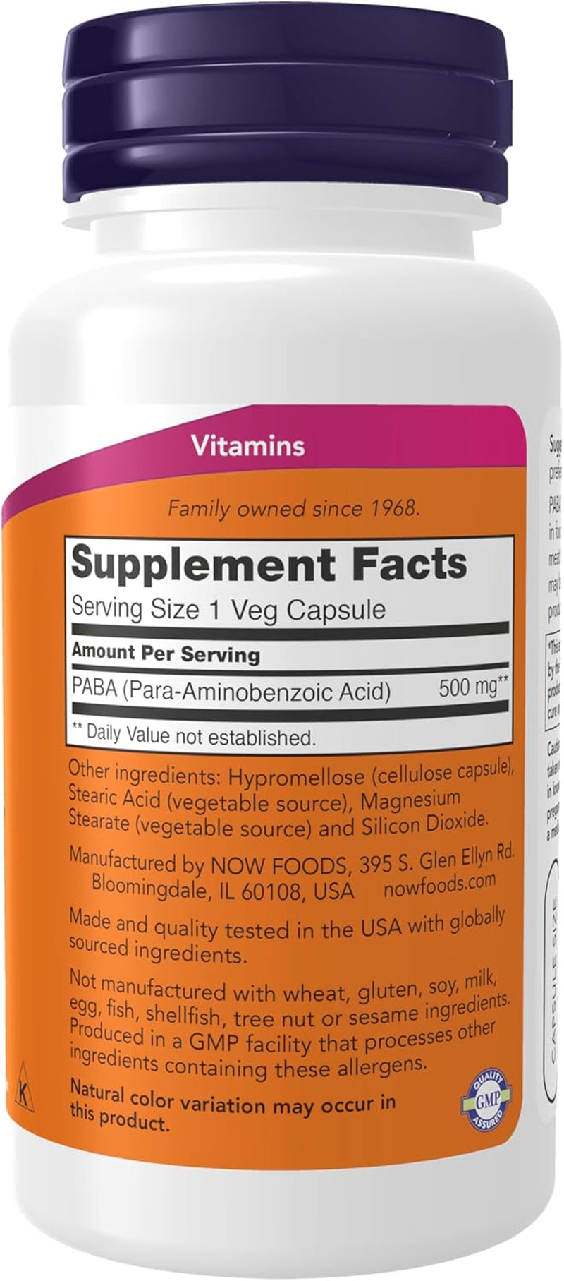 NOW Foods Supplements, PABA (Para-Aminobenzoic Acid) 500 Mg, B-Complex Family, 100 Capsules