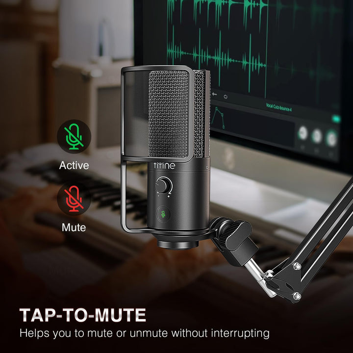 FIFINE USB Podcast Microphone, PC Computer Condenser Microphone Plug & Play Mic Kit with Boom Arm Stand, 16MM Large Diaphragm, Mute Button for Recording Singing Streaming Youtube Gaming-T669Pro1