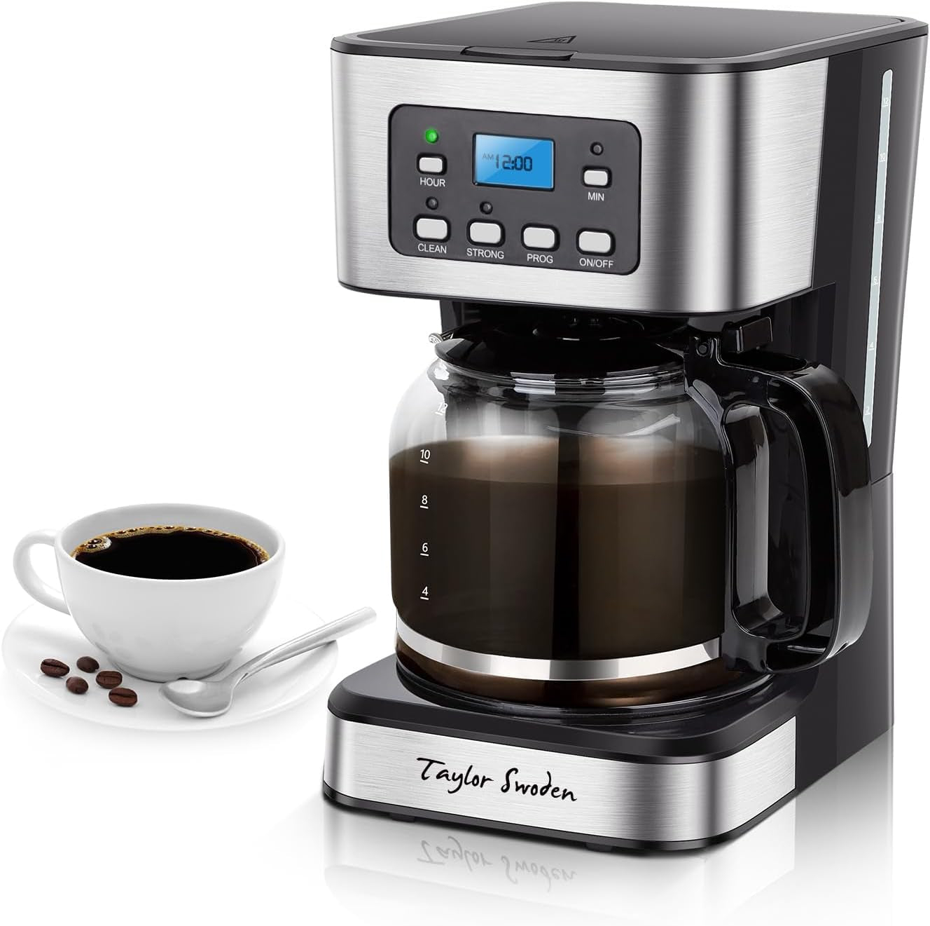 Taylor Swoden 12-Cup Programmable Coffee Maker, Regular & Strong Brew Drip Coffee Machine for Home and Office, Glass Carafe, Pause & Serve, Auto Shut Off, Black & Stainless Steel