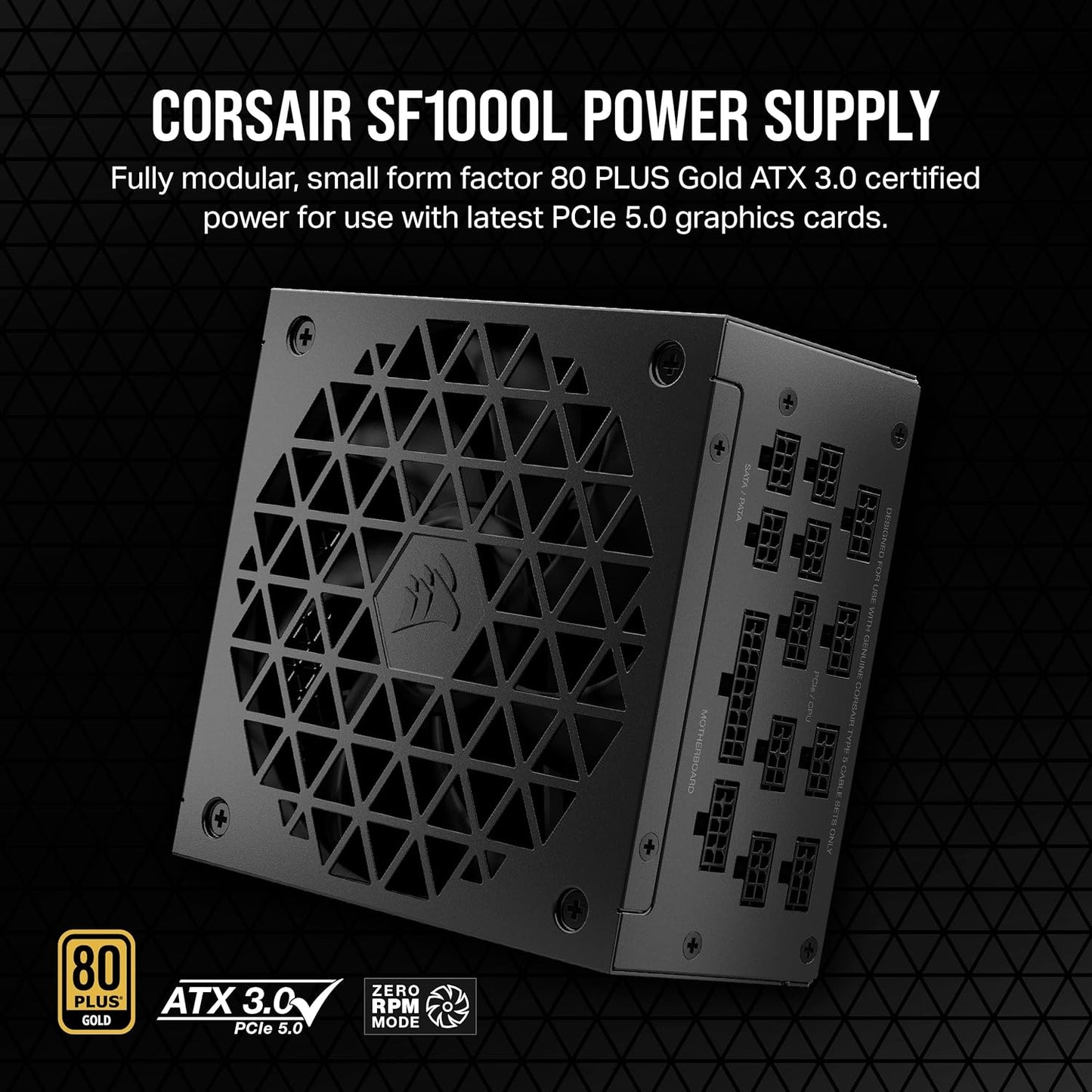 Corsair 1000W Fully Modular SFX Power Supply - ATX 3.0, Pcie 5.0, Quiet 120Mm Fan, 80 plus Gold, Zero RPM Mode, 105°C Capacitors - Black