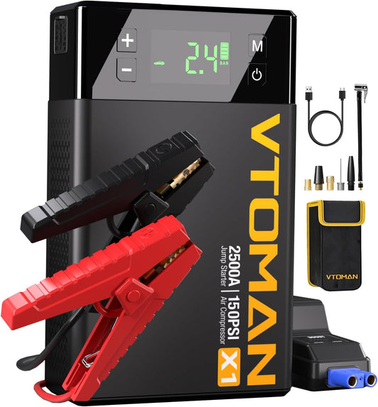 VTOMAN X1 Jump Starter with Air Compressor, 2500A Portable Battery Booster (Up to 8.5L Gas/6L Diesel Engines) with 150PSI Digital Tire Inflator, 12V Power Pack Car Jump Box Charger with LCD Display