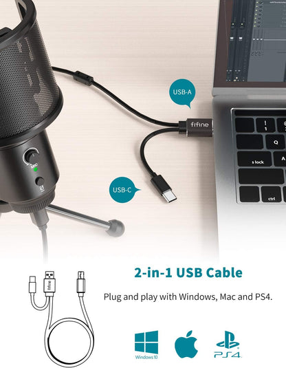 FIFINE USB Desktop PC Microphone with Pop Filter for Computer and Mac, Studio Condenser Mic with Gain Knob Mute Button Headphone Jack for Gaming Streaming Recording Youtube, Extra USB-C Plug-K683A