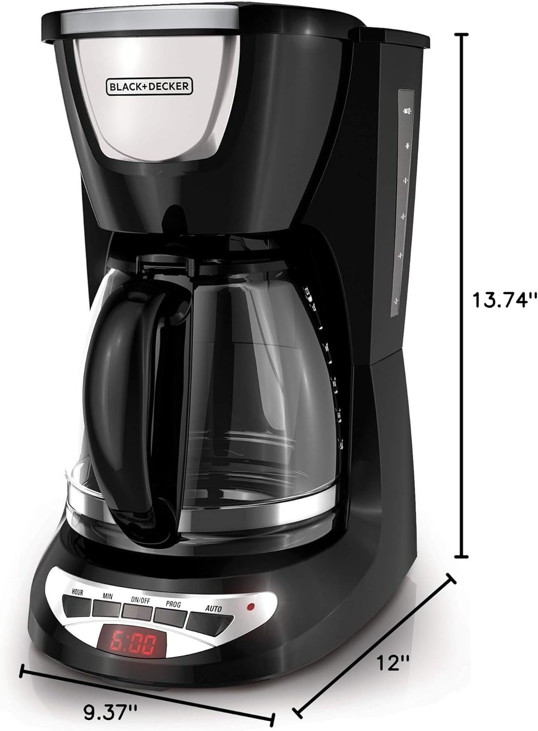 BLACK+DECKER 12-Cup Programmable Coffee Maker, DCM100B, Duralife Carafe, Easy-View Water Window, Removable Filter Basket