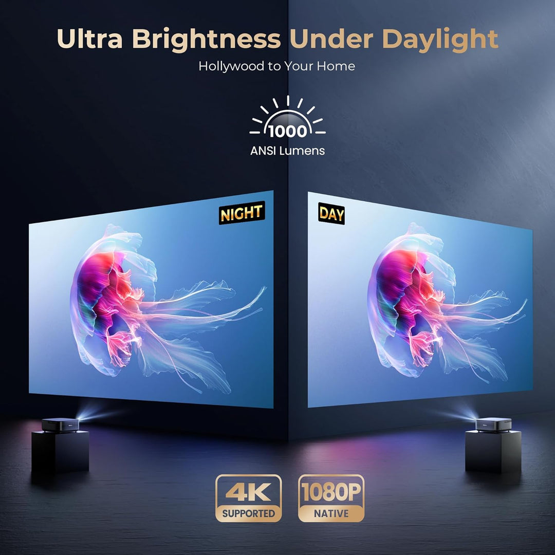 [1000 ANSI & Audio by DBX-TV] Alvar 4K Projector with Wifi 6 and Bluetooth, Netfiix Certified & Doiby Audio, Auto Focus and Auto Keystone Native 1080P Smart Projector with HDR10+, 30W Speakers, Black