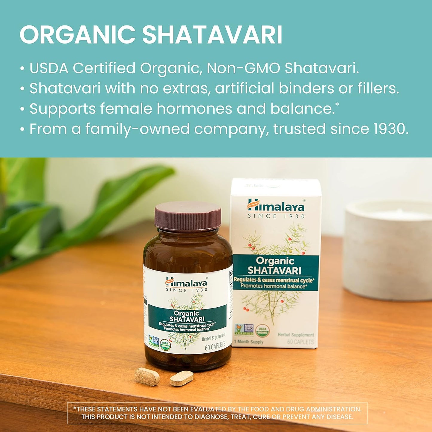 Himalaya Organic Shatavari for PMS, Menstrual Cramp Relief, Menopause Support, and Women'S Health, 1,300 Mg, 60 Caplets, 1 Month Supply