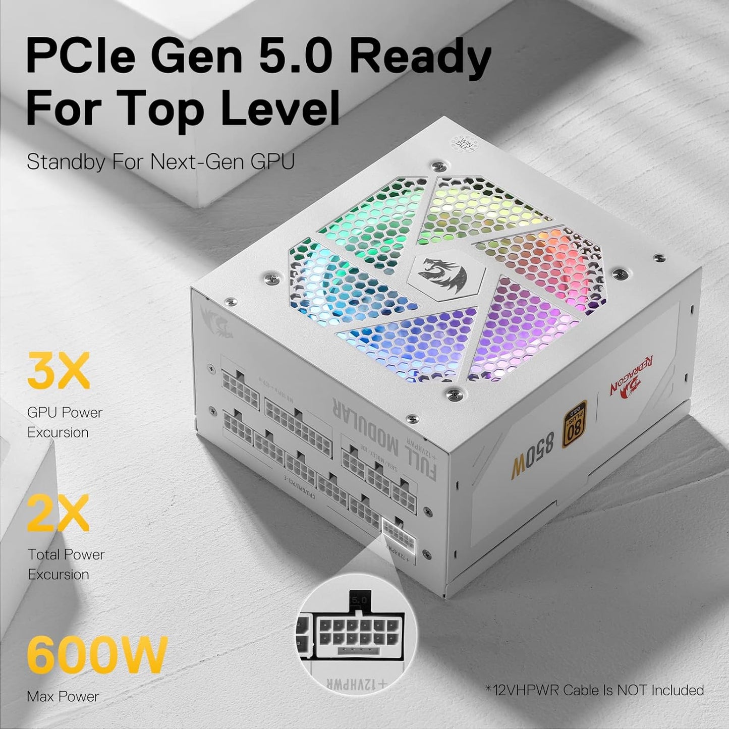 Redragon RGPS-850W 80+ Gold 850 Watt ATX 3.0 & Pcie 5.0 Fully Modular Power Supply W/ 80 plus Gold Certified, Compact 160Mm Size, Smart ECO Low Noise RGB Fan, 100% Japanese Capacitors, Full Mod Cables