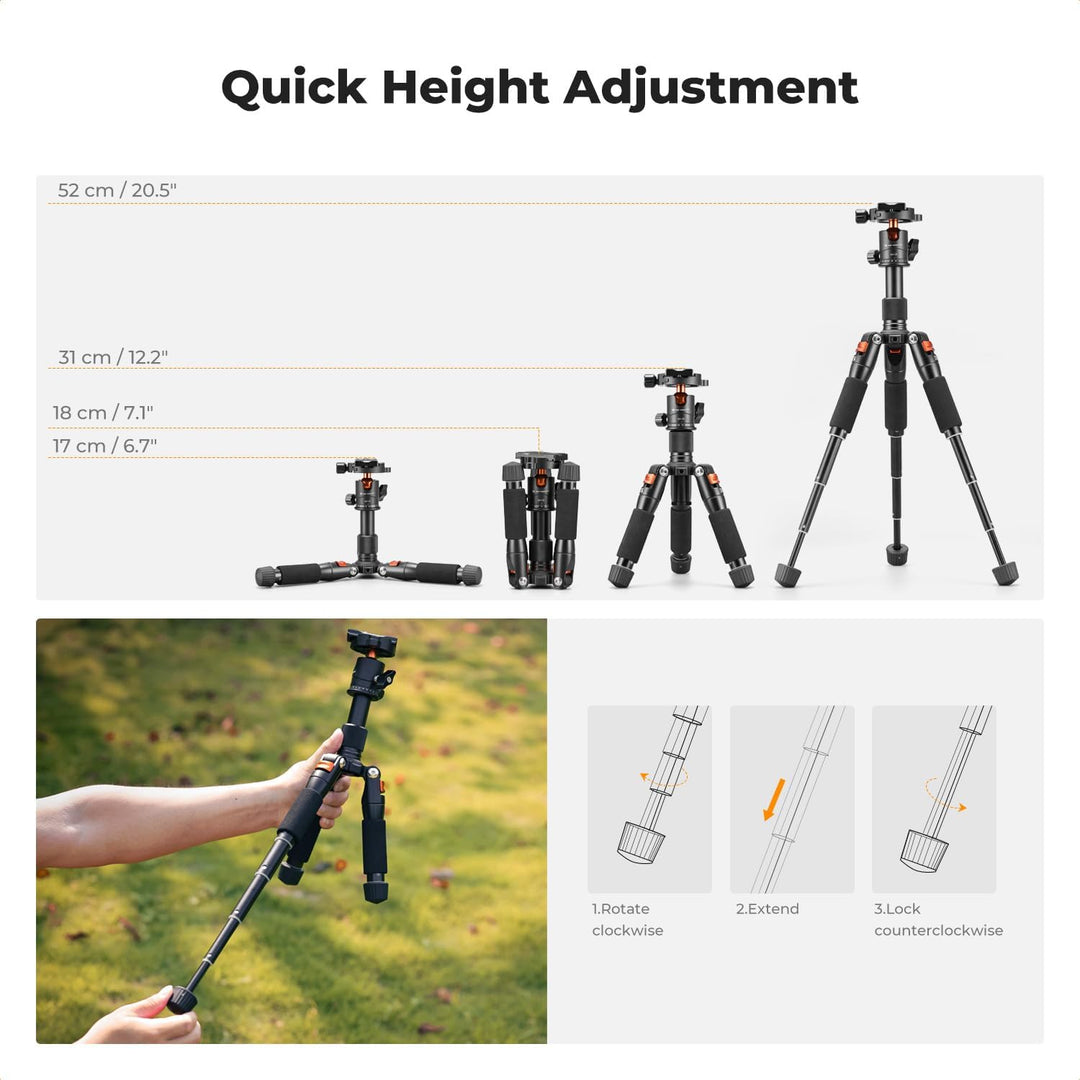 K&F Concept Mini Desktop Tripod, 20.5''/ 52Cm Compact Desk Tripod with 360 Degree Ball Head, 1/4 Inch Quick Release Plate for Camera Video Camcorder, Load up to 13.22 Lbs/6 KG