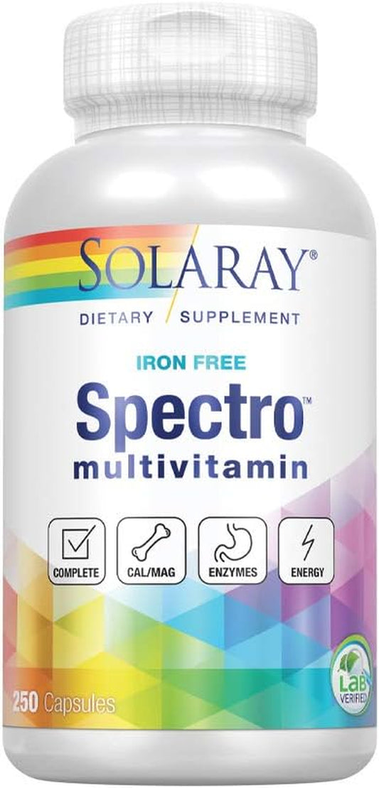 Solaray Spectro Multivitamin, No Iron | Cal/Mag, Energizing Greens & Herbs W/Digestive Enzymes | 42 Serv | 250 Caps