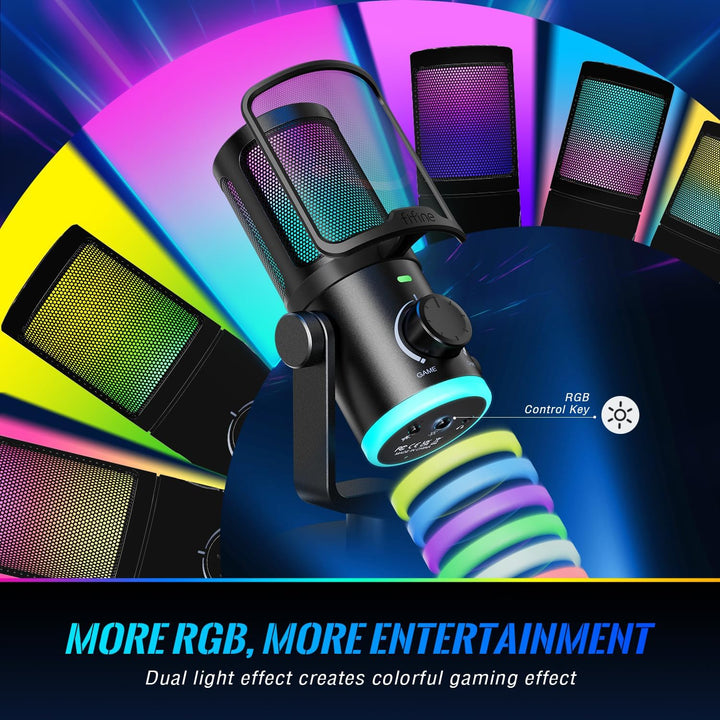FIFINE Gaming PC Microphone, USB Streaming Microphone with Game Chat Balance, Computer Condenser Desktop RGB Mic with Mute Button, Noise Cancellation for Podcast/Twitch/Discord-Ampligame AM6