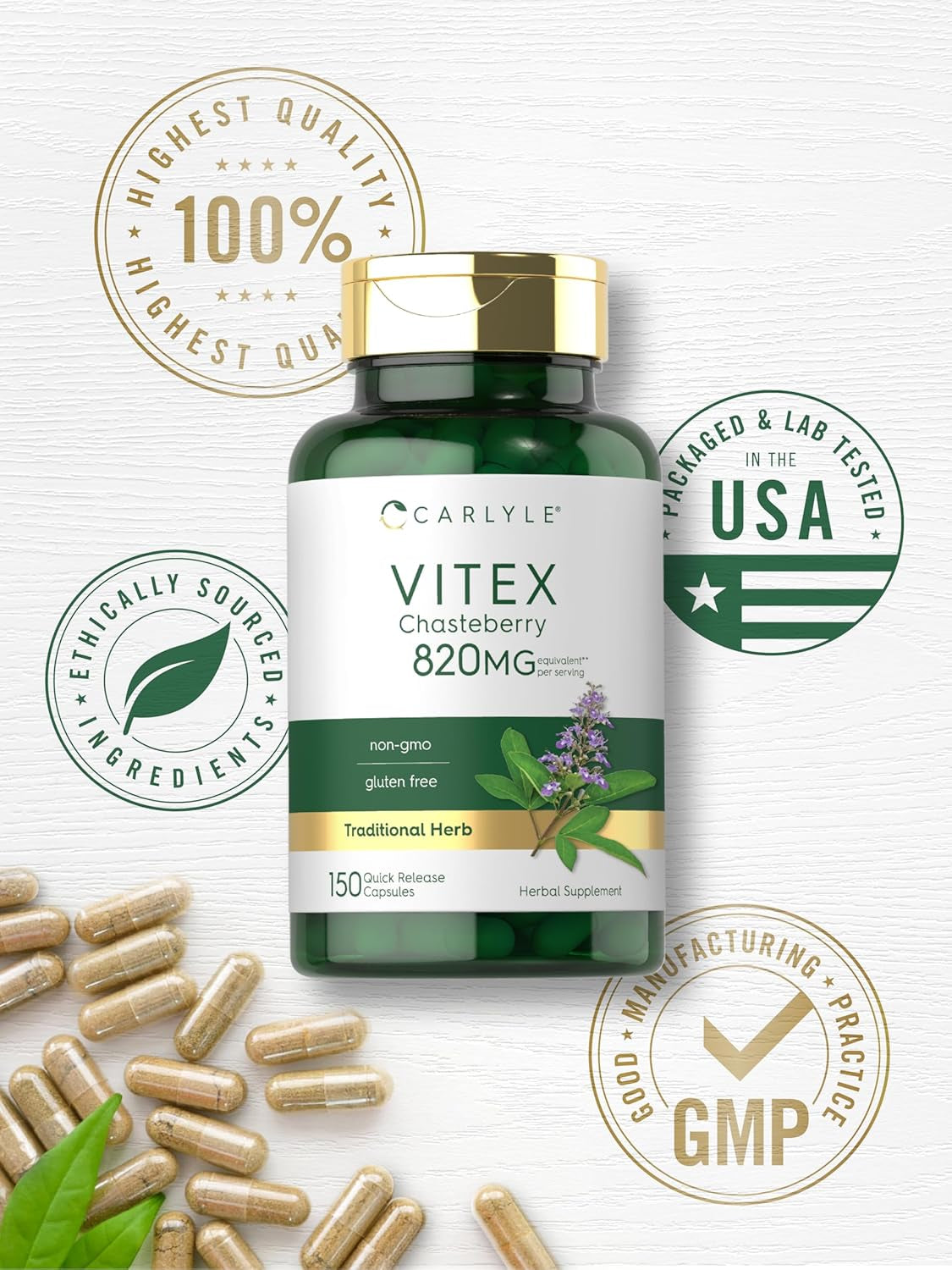 Carlyle Vitex Chasteberry Supplement | 820Mg | 150 Capsules | Vitex Agnus-Castus Fruit for Women | Non-Gmo, Gluten Free