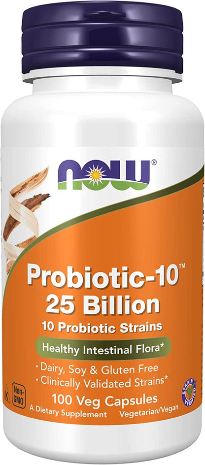 NOW Foods Supplements, Probiotic-10™, 25 Billion, with 10 Probiotic Strains, Dairy, Soy and Gluten Free, Strain Verified, 100 Veg Capsules