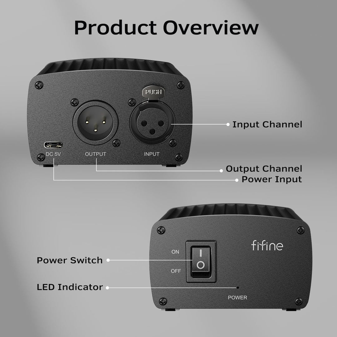FIFINE 48V Phantom Power with Output/Input, Power Supply for Condenser Microphone, Recording Equipment-Pm48