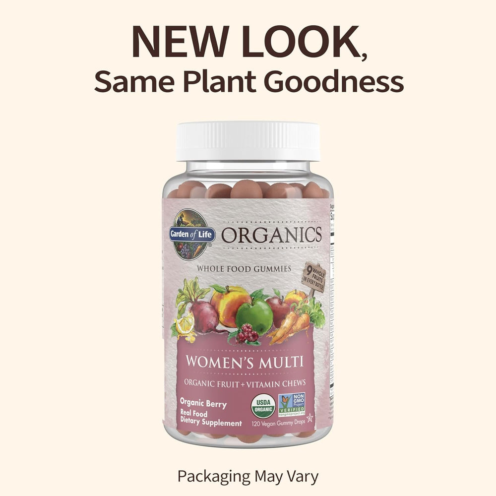 Garden of Life Organics Women'S Gummy Vitamins - Berry - Certified Organic, Non-Gmo, Vegan, Kosher Complete Multi - Methyl B12, C & D3 - Gluten, Soy & Dairy Free, 120 Real Fruit Gummies