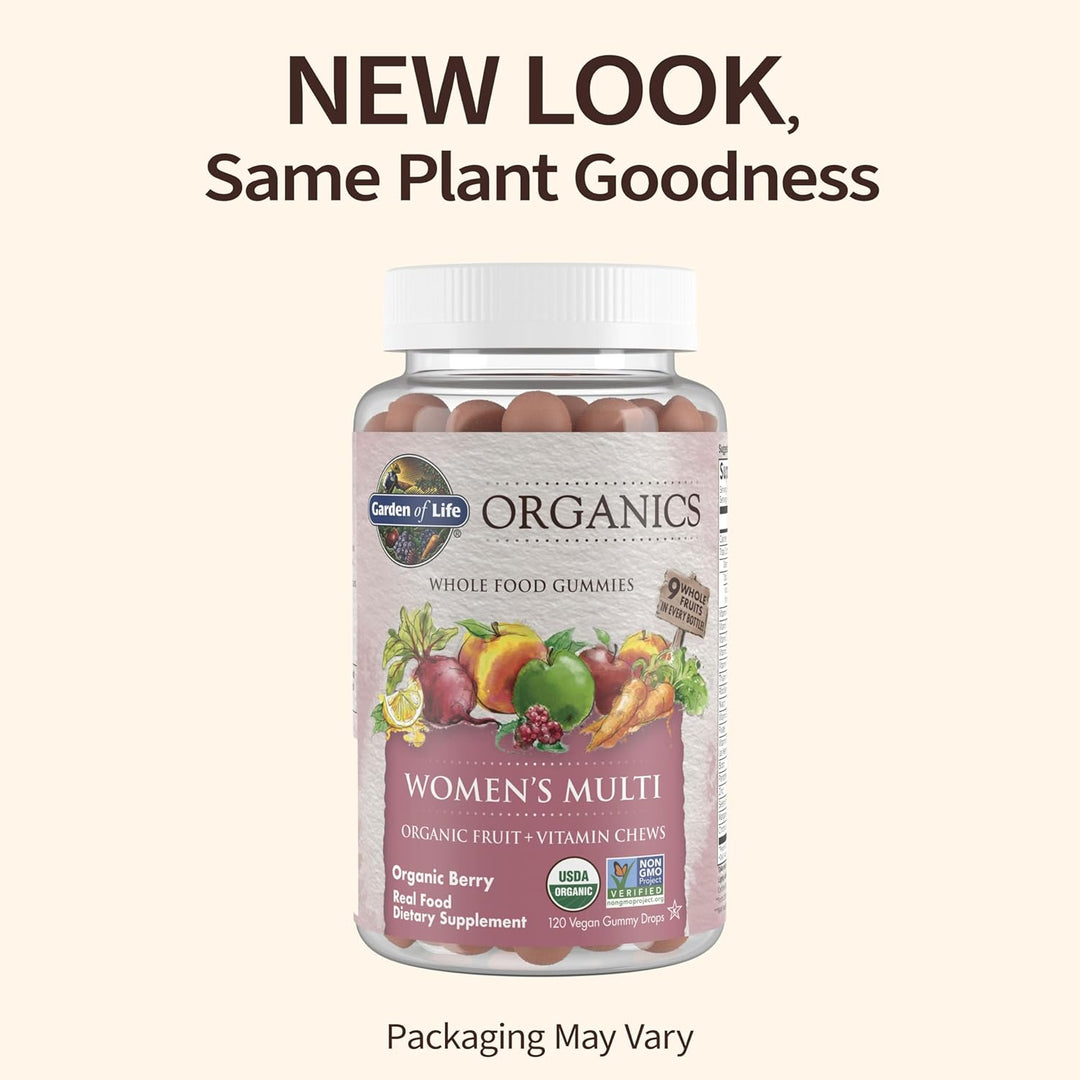 Garden of Life Organics Women'S Gummy Vitamins - Berry - Certified Organic, Non-Gmo, Vegan, Kosher Complete Multi - Methyl B12, C & D3 - Gluten, Soy & Dairy Free, 120 Real Fruit Gummies
