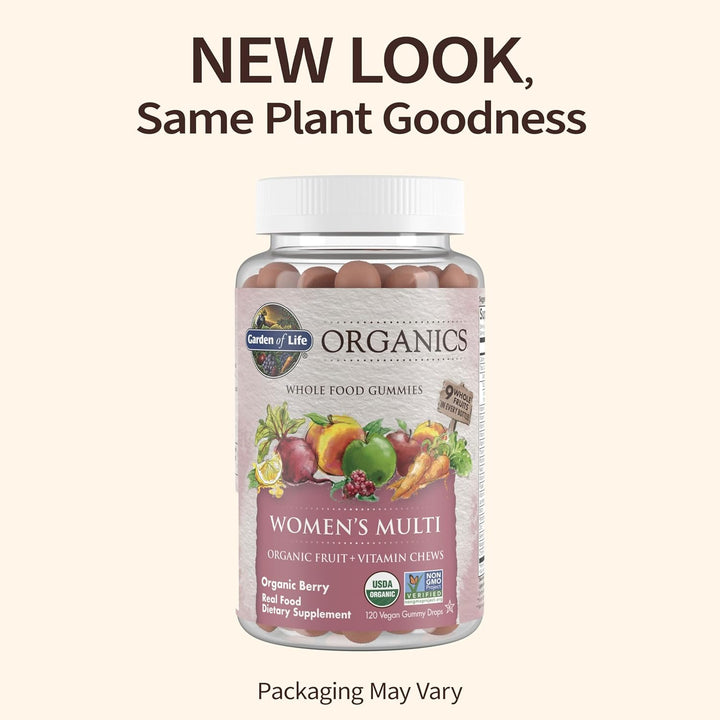 Garden of Life Organics Women'S Gummy Vitamins - Berry - Certified Organic, Non-Gmo, Vegan, Kosher Complete Multi - Methyl B12, C & D3 - Gluten, Soy & Dairy Free, 120 Real Fruit Gummies