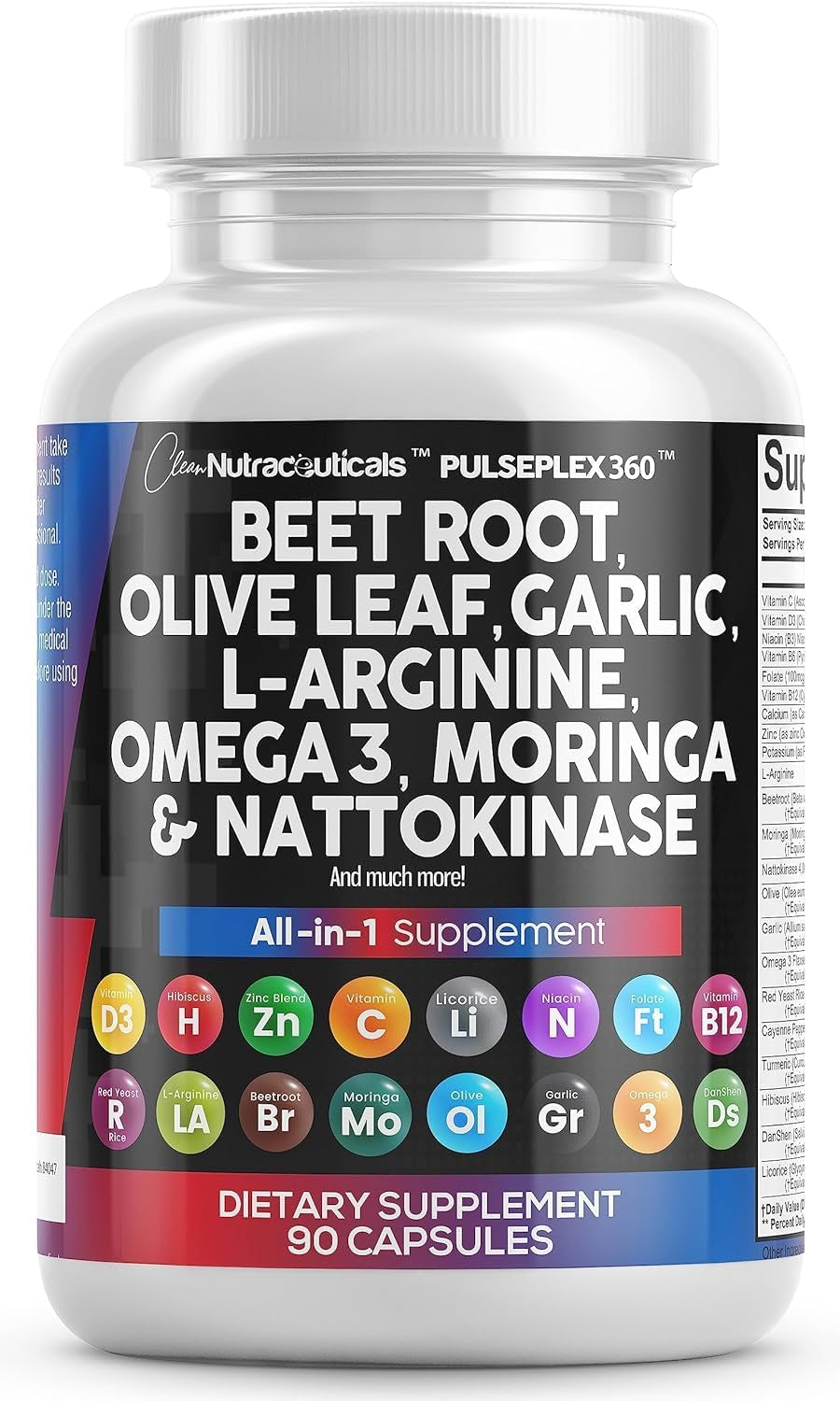 Beet Root Capsules 6000Mg Olive Leaf 6000Mg Nattokinase 4000 FU Garlic Extract 2000Mg L-Arginine 400Mg Omega 3 Red Yeast Rice Hibiscus Danshen - Healthy Support Supplement - 90 Ct