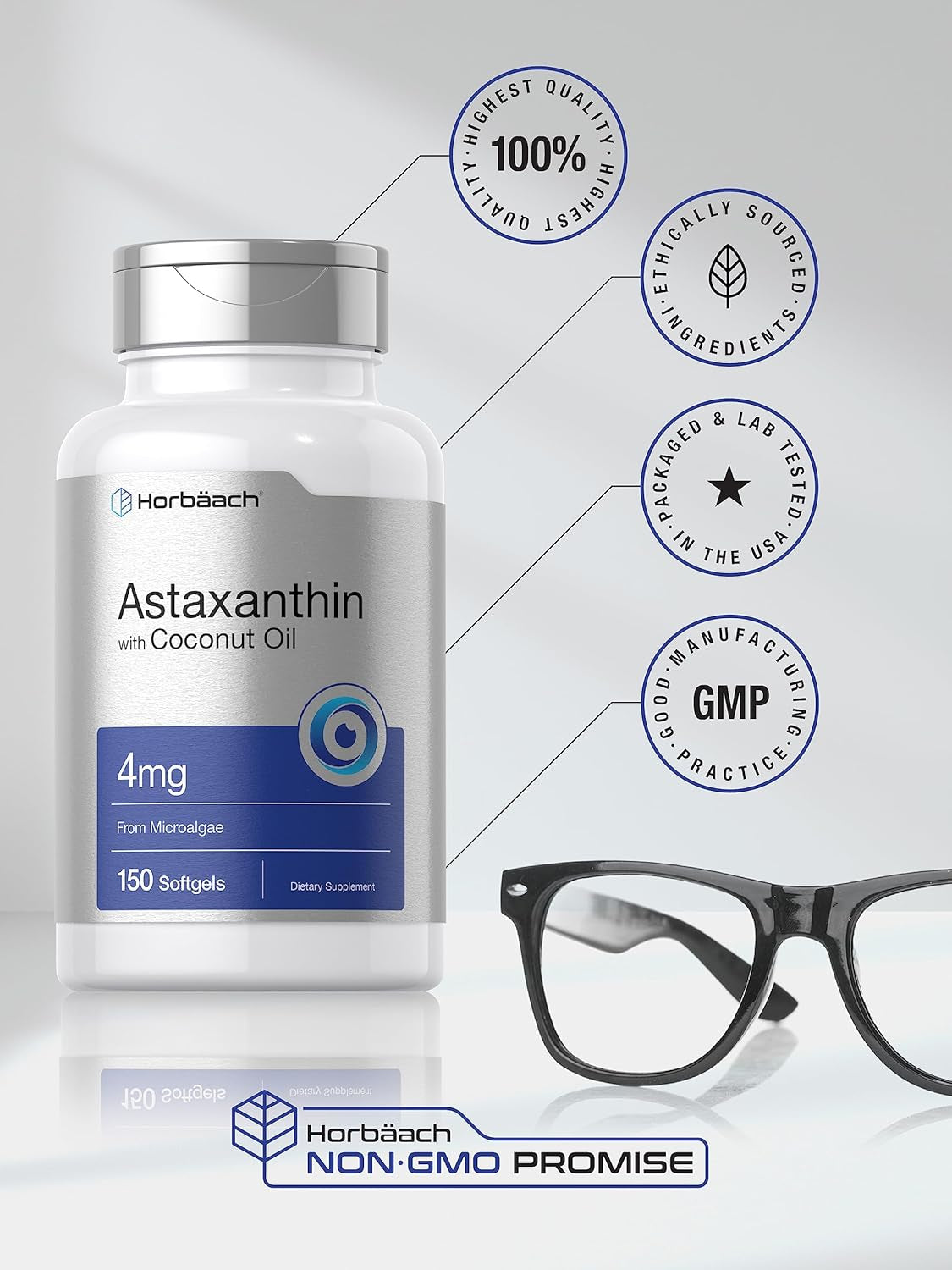 Horbäach Astaxanthin 4Mg | 150 Softgels | with Coconut Oil | Supplement from Microalgae | Non-Gmo, Gluten Free