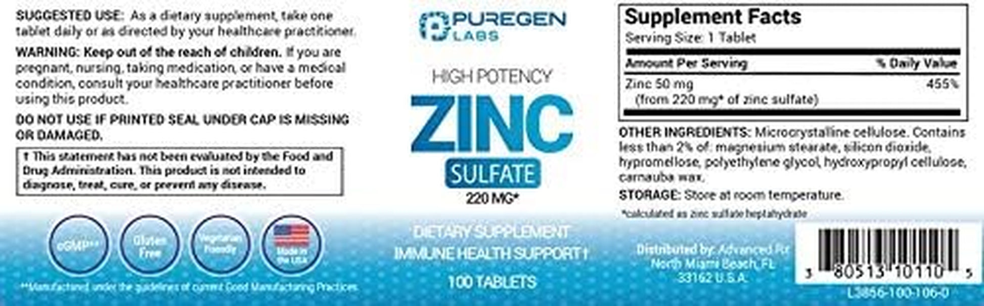 Zinc 220Mg [High Potency] Supplement – Zinc Sulfate for Immune Support System 100 Tablets