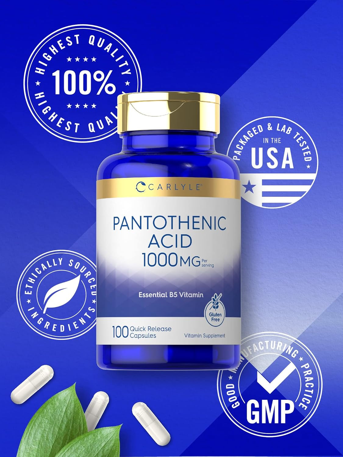 Carlyle Pantothenic Acid | 1000Mg | 100 Capsules | Essential B5 Vitamin | Non-Gmo, Gluten Free Supplement