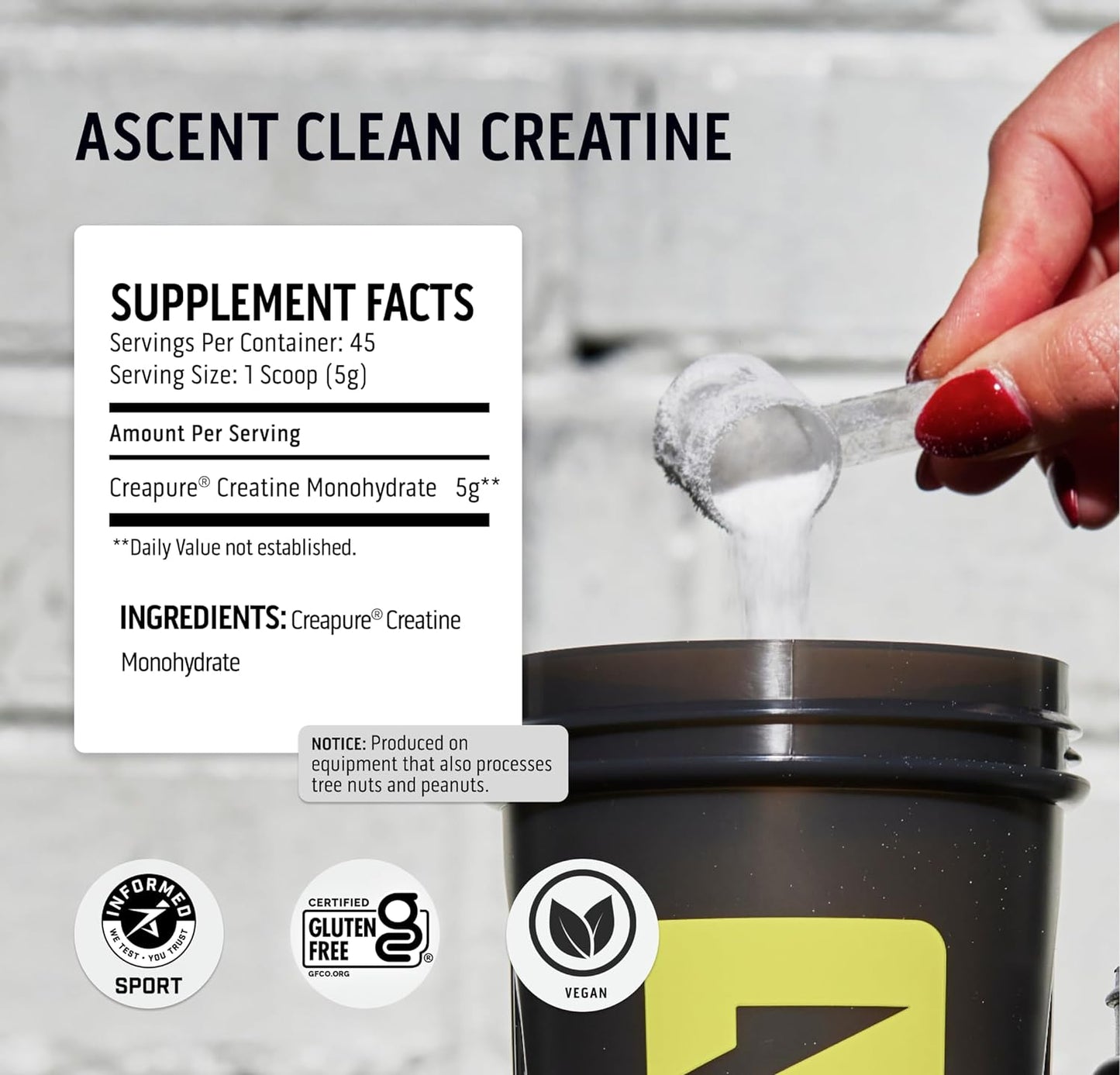 Ascent Clean Creatine Monohydrate Powder - 5G per Serving, Creapure Creatine Supplement - Unflavored, 45 Servings