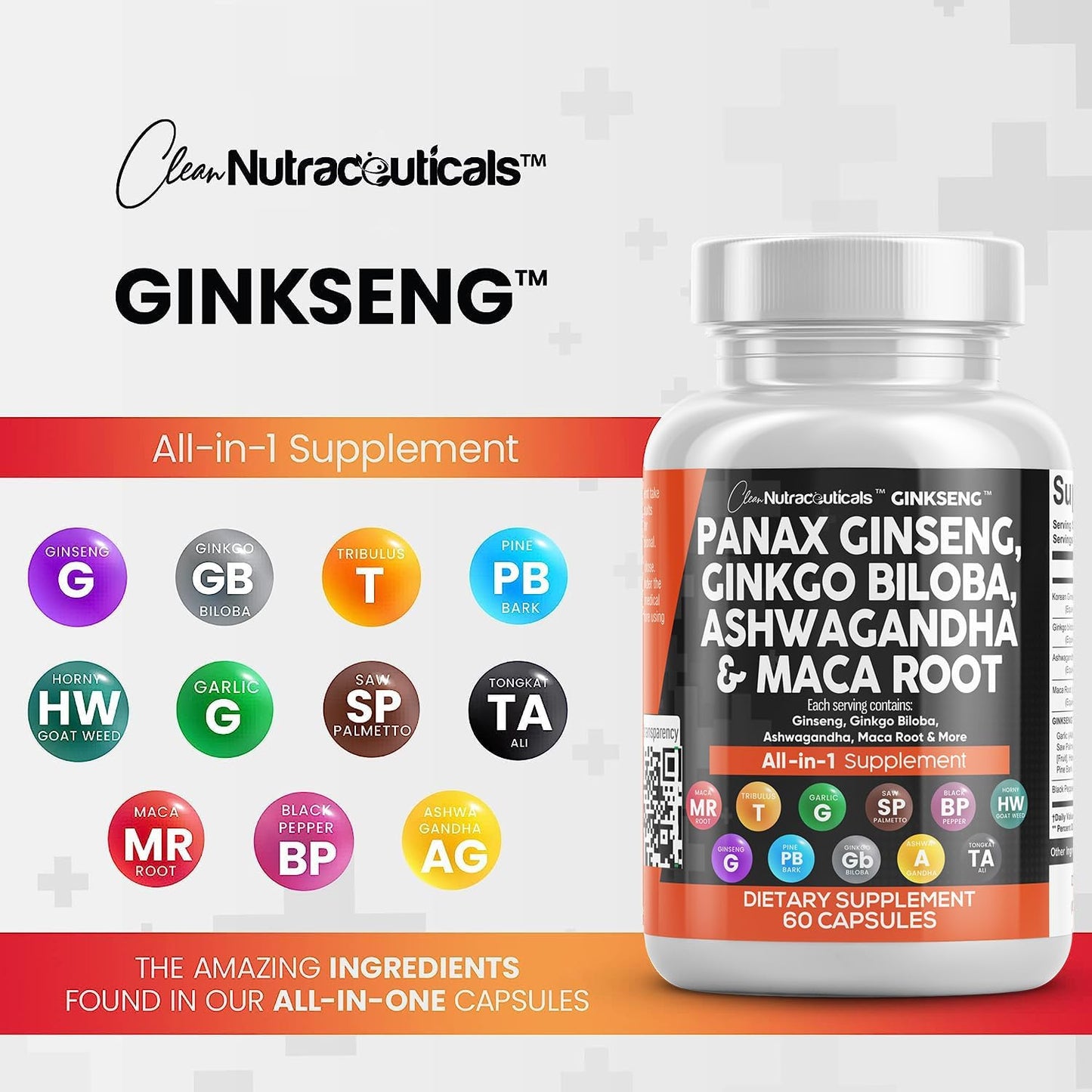 Clean Nutraceuticals Panax Ginseng 10000Mg Ginkgo Biloba 4000Mg Ashwagandha Maca Root 3000Mg - Focus Supplement Pills for Women and Men with Pine Bark Extract, Garlic, and Saw Palmetto - 60 Caps