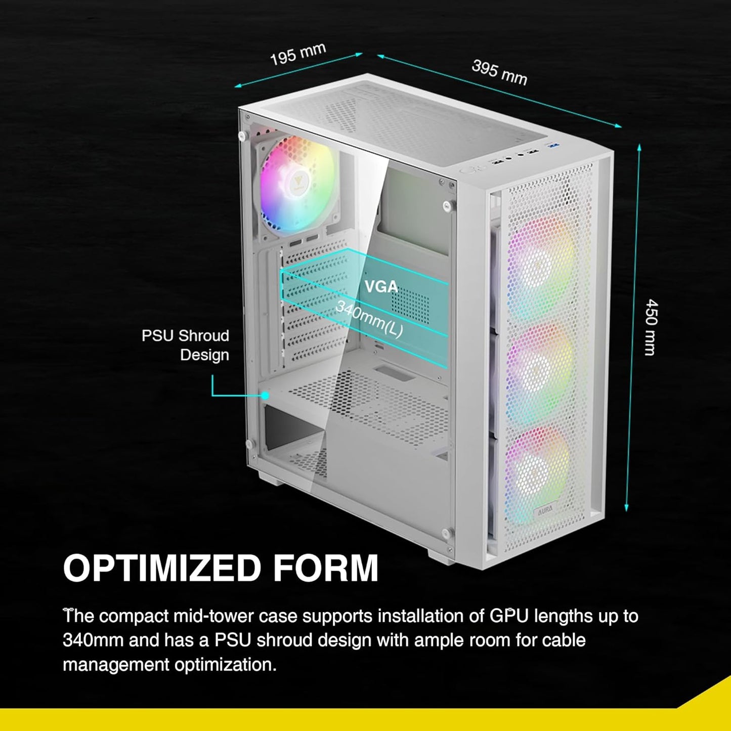 GAMDIAS White ATX Mid Tower Gaming Computer PC Case Side Tempered Glass, Preinstalled 4X 120Mm ARGB Fans, Support up to 6X 120Mm Fans, 360Mm Aio/Radiator, 340Mm GPU/VGA, 160Mm CPU Air Cooler