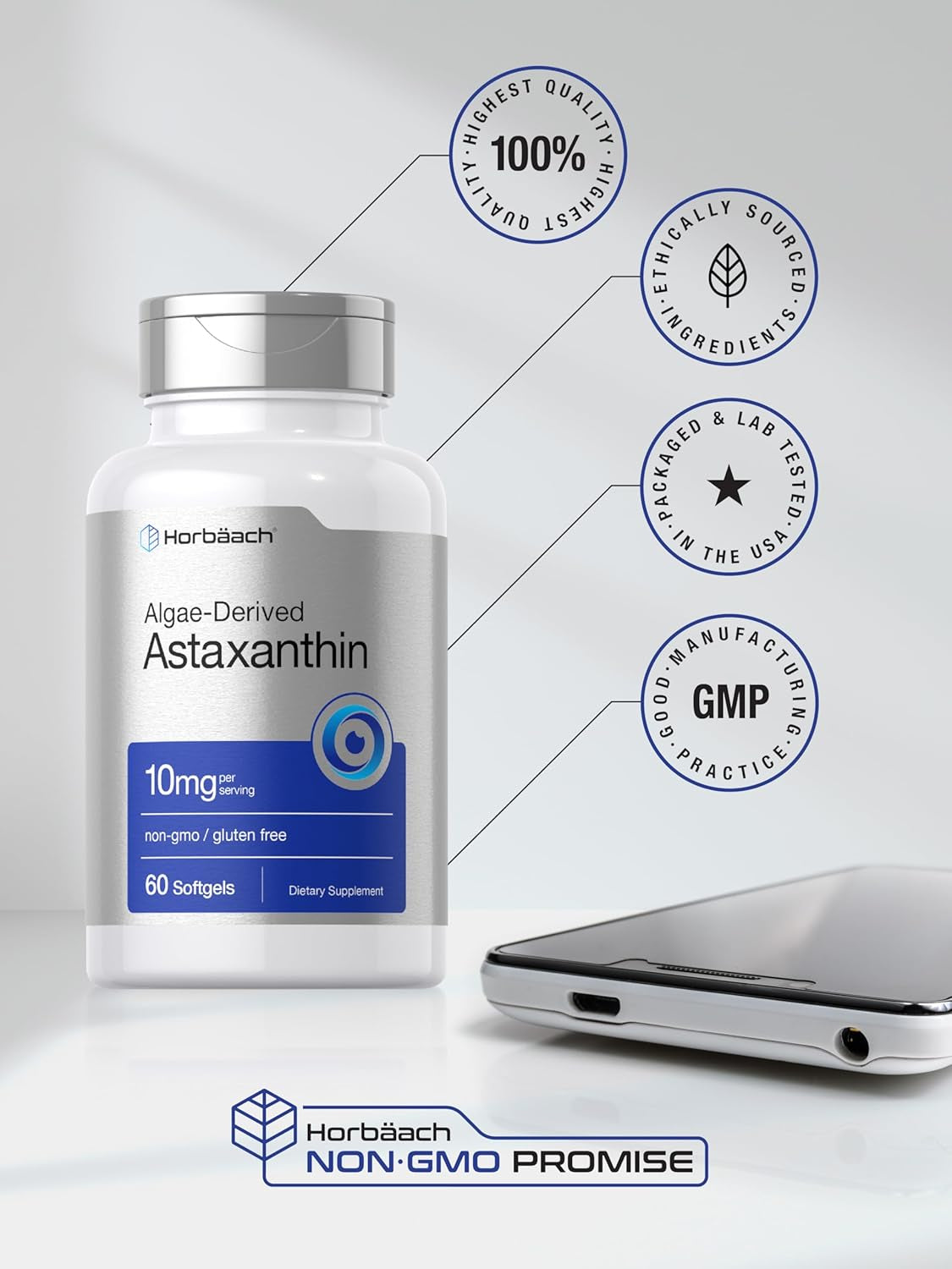 Horbäach Astaxanthin 10Mg | 60 Softgels | Algae Derived Formula | Non-Gmo, Gluten Free Supplement