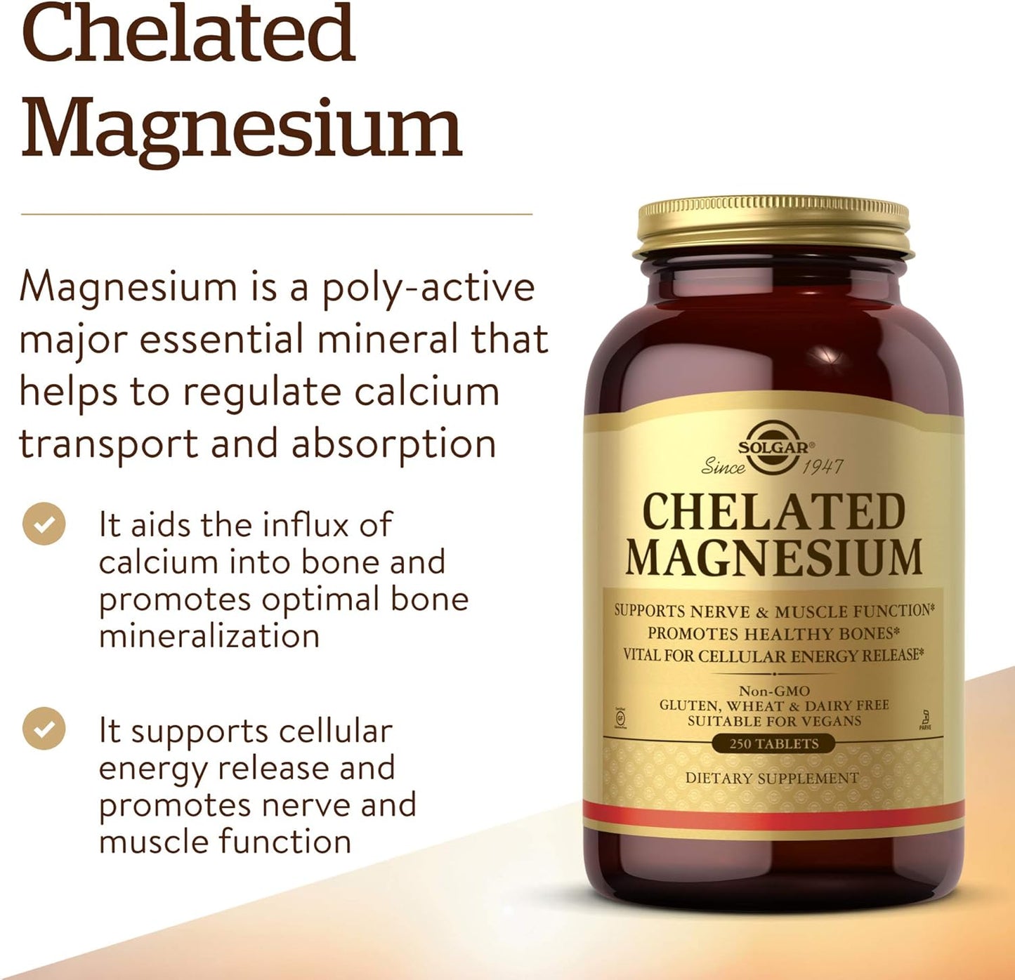 Solgar Chelated Magnesium, 250 Tablets - Supports Nerve & Muscle Function - Promotes Healthy Bones - Vital for Cellular Energy Release - Non-Gmo, Vegan, Gluten Free, Dairy Free - 62 Servings