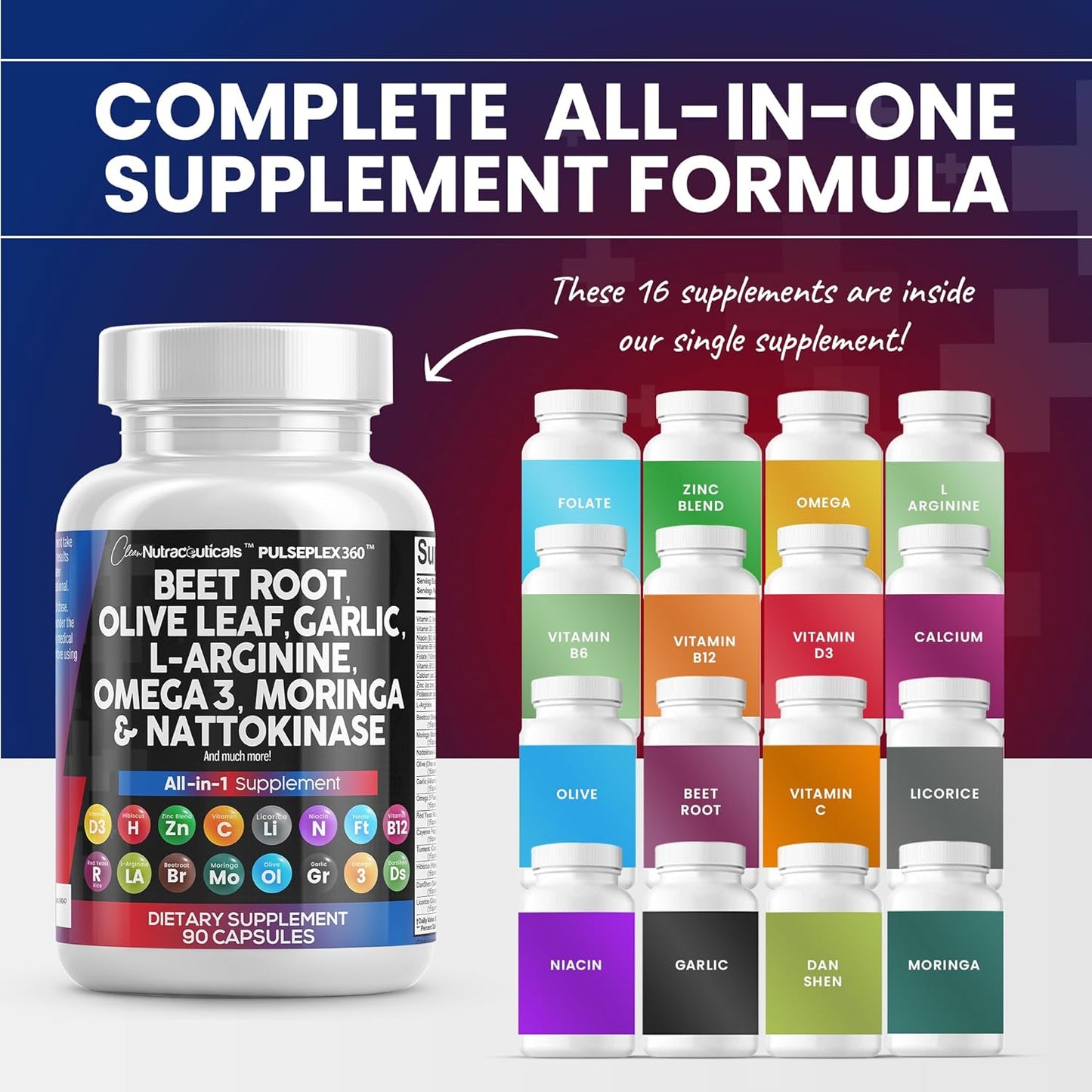 Beet Root Capsules 6000Mg Olive Leaf 6000Mg Nattokinase 4000 FU Garlic Extract 2000Mg L-Arginine 400Mg Omega 3 Red Yeast Rice Hibiscus Danshen - Healthy Support Supplement - 90 Ct