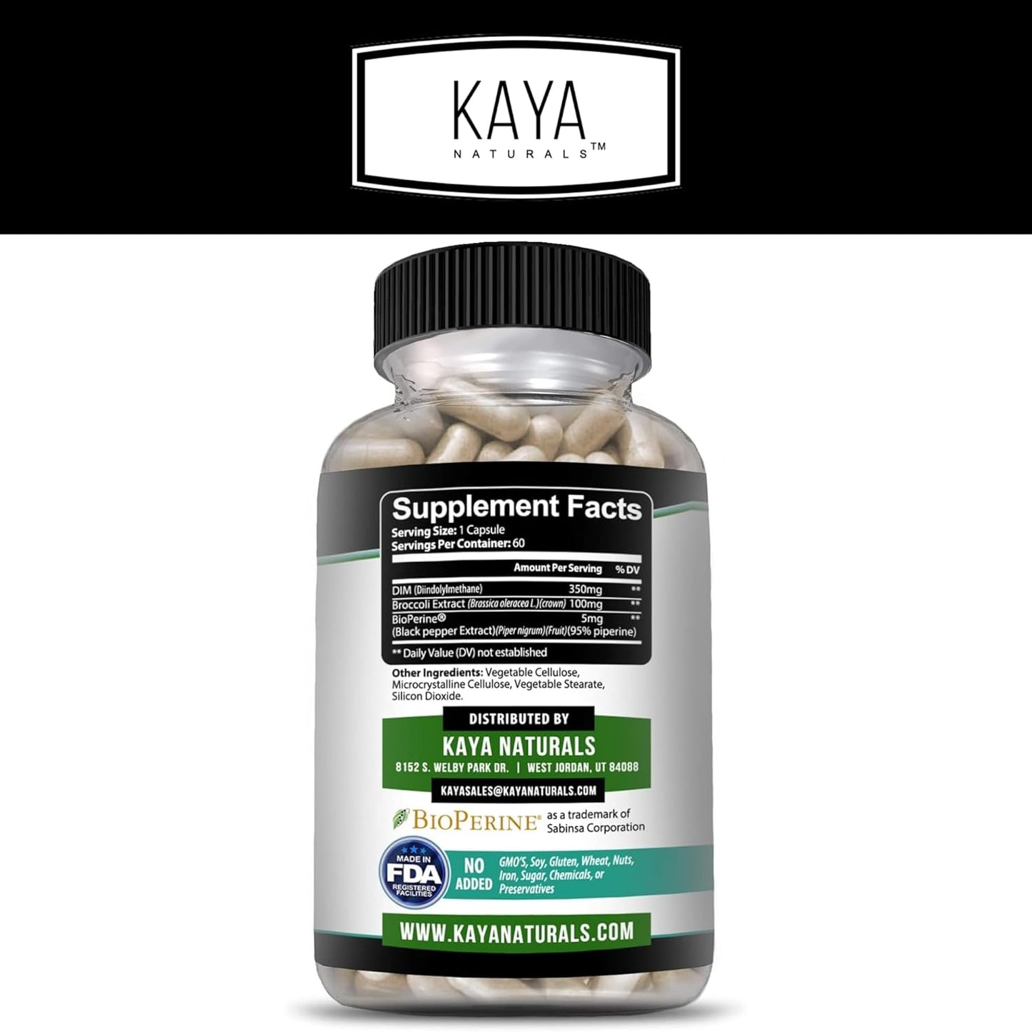 Kaya Naturals DIM Ultra | Supplement for Women and Men | Vegetable Capsules with Broccoli Extract & Bioperine | Herbal Supplement for Hormonal Support, Acne, Menopause, and Prostate – 60 Count