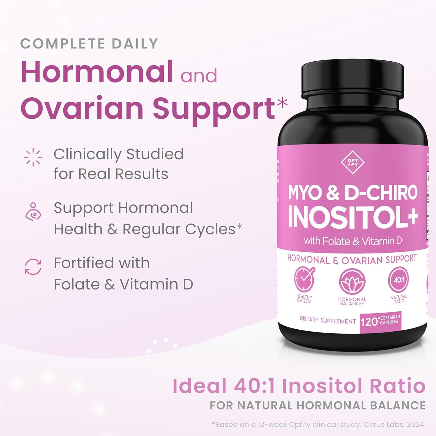 Premium Inositol Supplement - Myo-Inositol and D-Chiro Inositol plus Folate and Vitamin D - Ideal 40:1 Ratio - Healthy Hormone Balance & Healthy Ovarian Support for Women - Vitamin B8-30 Day Supply