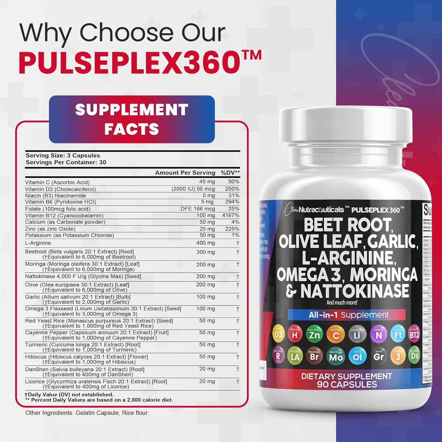 Beet Root Capsules 6000Mg Olive Leaf 6000Mg Nattokinase 4000 FU Garlic Extract 2000Mg L-Arginine 400Mg Omega 3 Red Yeast Rice Hibiscus Danshen - Healthy Support Supplement - 90 Ct