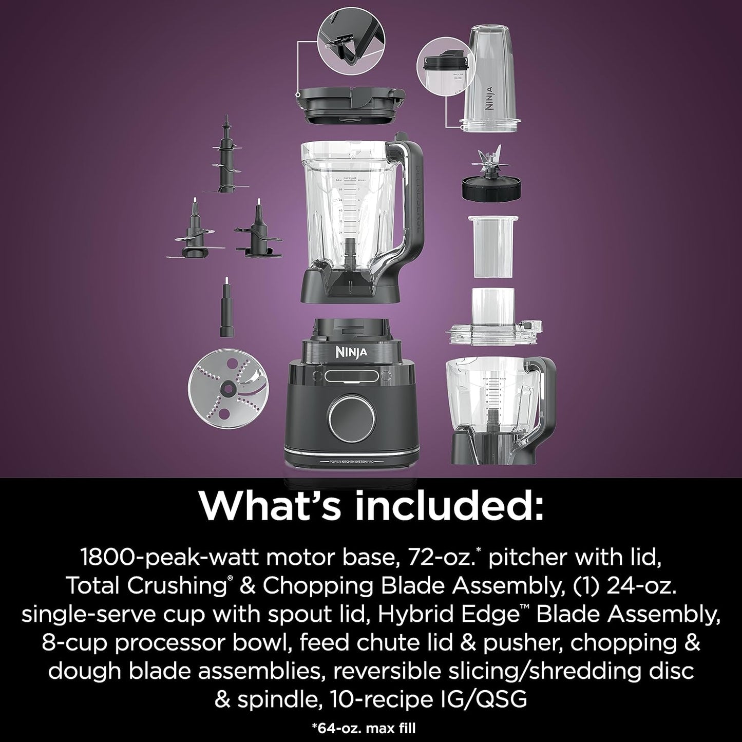 Ninja TB401 Detect Kitchen System Power Blender + Processor Pro, Blendsense Technology, Blender, Chopping & Smoothies, 1800 Peak Watts, 72 Oz. Pitcher, 64 Oz. Food Processor, 24 Oz. To-Go Cup, Black